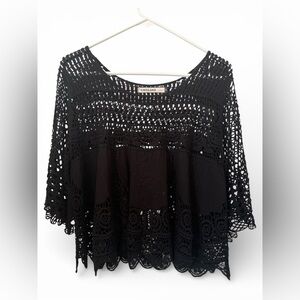 Origami by Vivien Black Boho Sheer Lace Crochet Top One Size